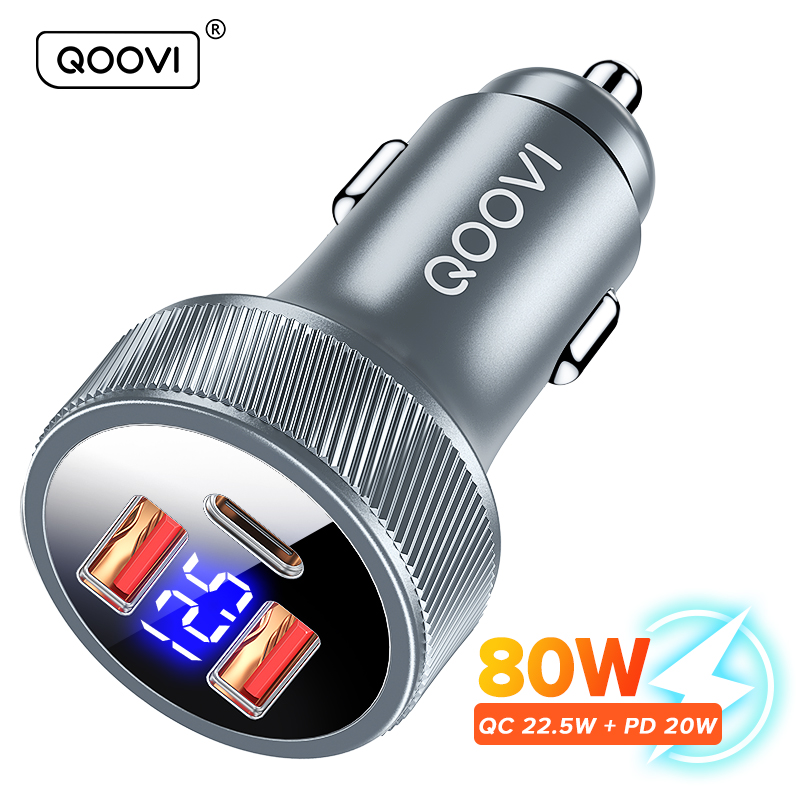QOOVI 80W Car Charger USB Type C Dual Port USB Phone Charger PD Fast Charging